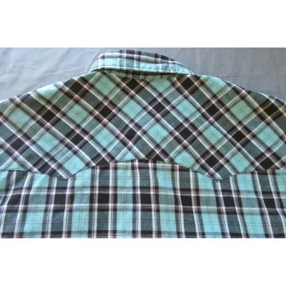 Wrangler Wrancher Western Pearl Snap Aqua/Black Plaid Short Sleeve Shirt Men's M - Picture 6 of 8